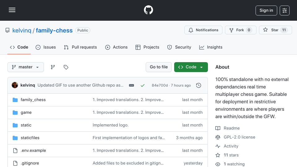 Screenshot of github.com: Show HN: Family Chess: Play across firewalls and Internet cultures