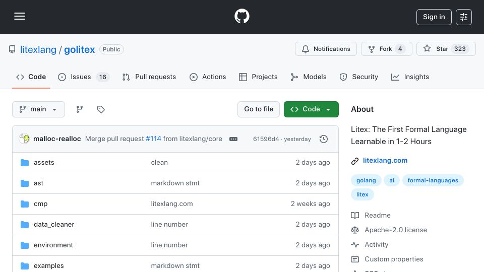 Screenshot of github.com: Litex: The First Formal Language Learnable in 1-2 Hours