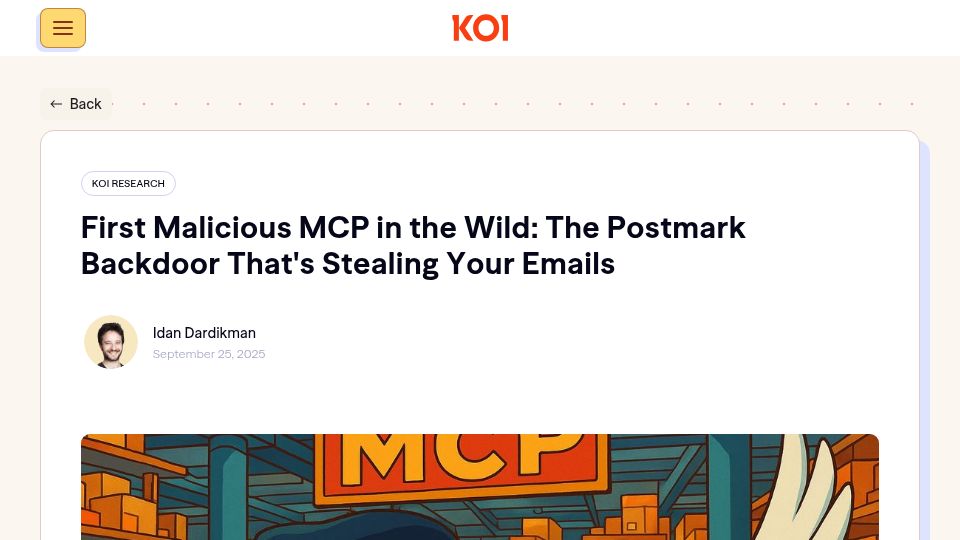 Screenshot of koi.security: A Postmark backdoor that’s downloading emails