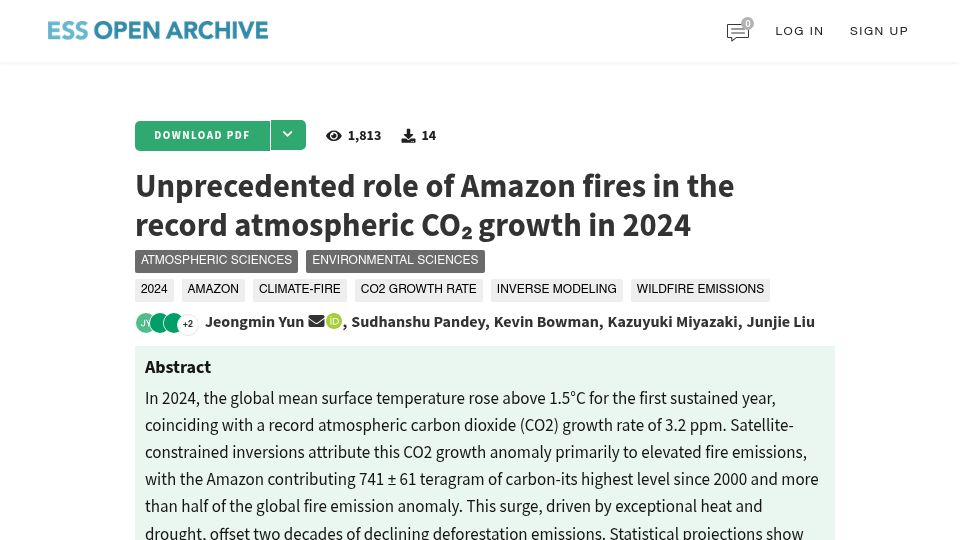 Screenshot of essopenarchive.org: Role of Amazon fires in the record atmospheric CO₂ growth in 2024