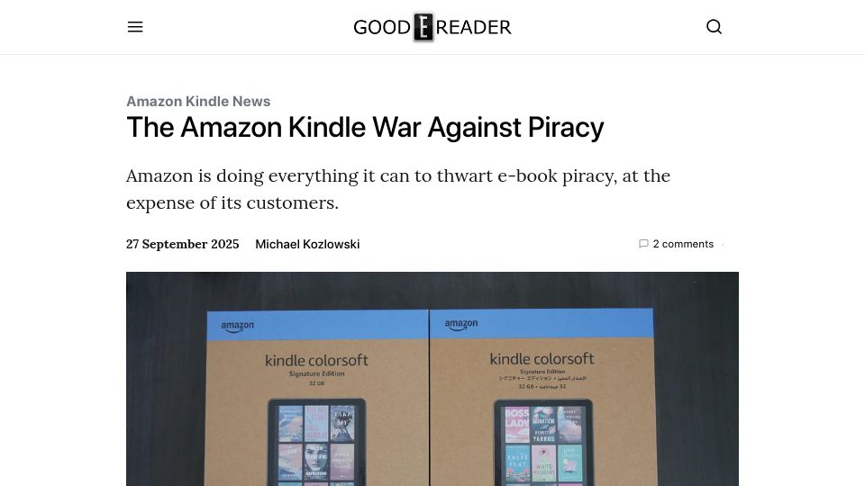 Screenshot of goodereader.com: The Amazon Kindle War Against Piracy