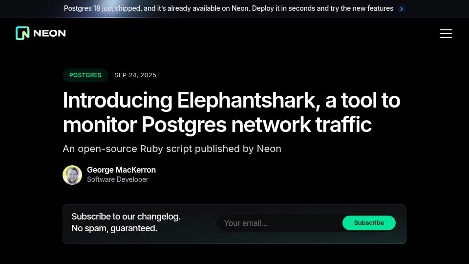 Screenshot of neon.com: Elephantshark, a tool to monitor Postgres network traffic
