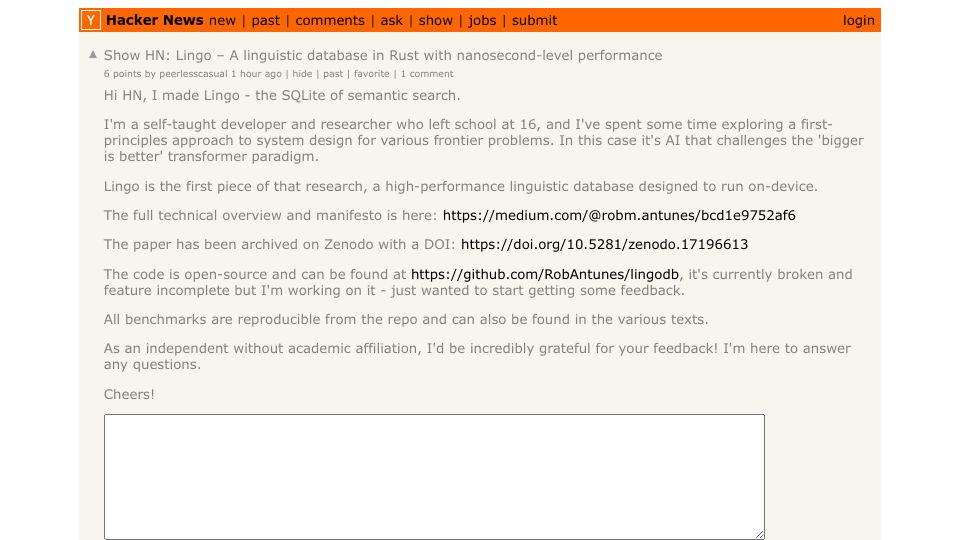 Screenshot of Hacker News post: Show HN: Lingo – A linguistic database in Rust with nanosecond-level performance