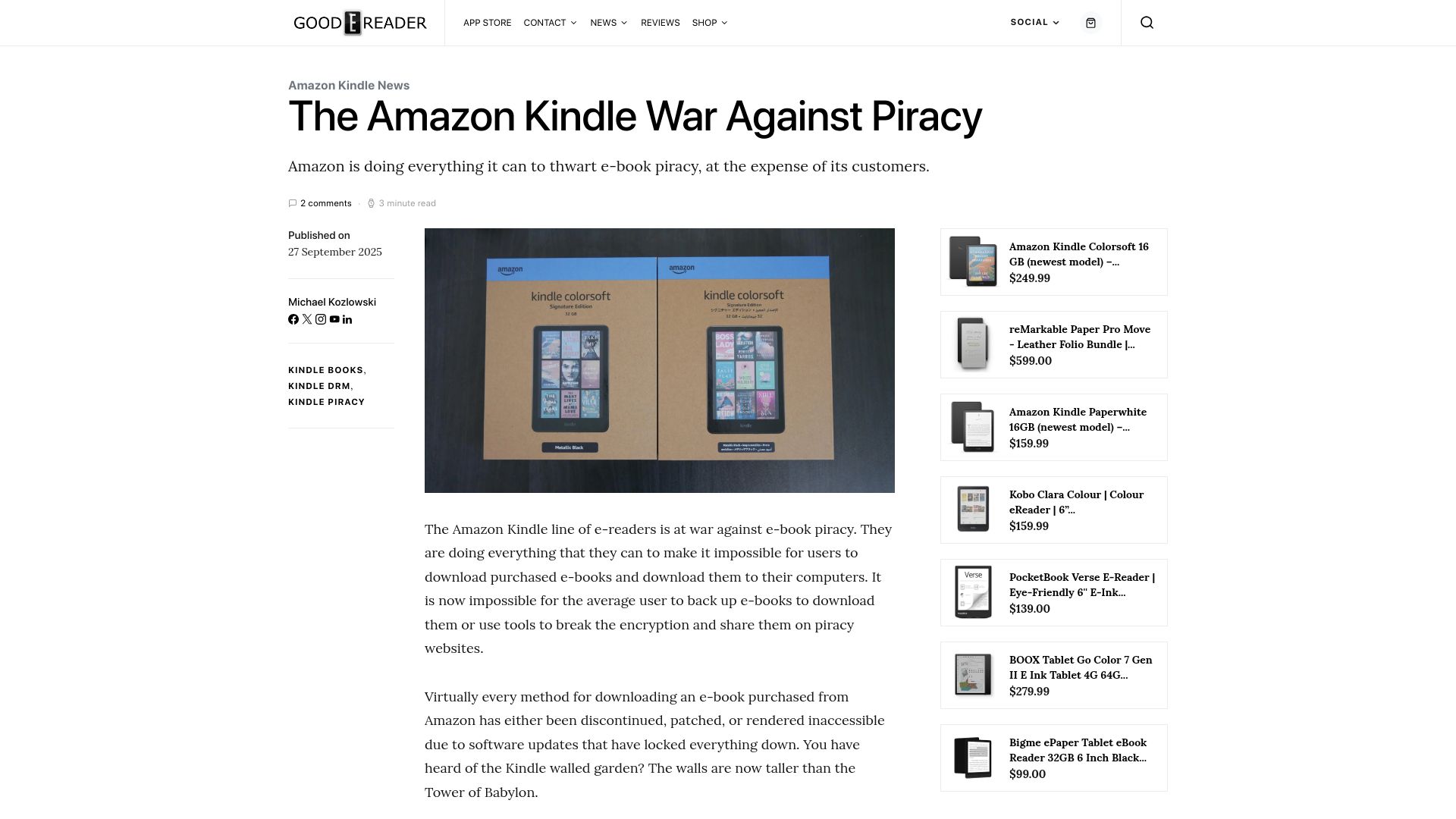 Screenshot of goodereader.com: The Amazon Kindle War Against Piracy