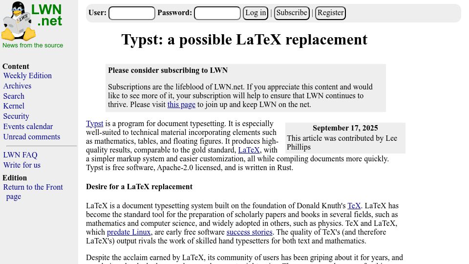 Screenshot of lwn.net: Typst: A Possible LaTeX Replacement