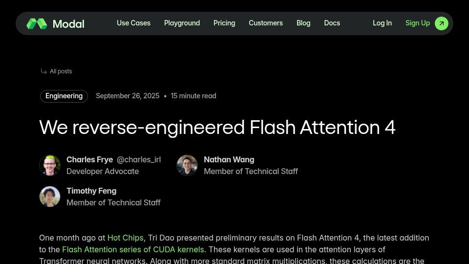 Screenshot of modal.com: We reverse-engineered Flash Attention 4