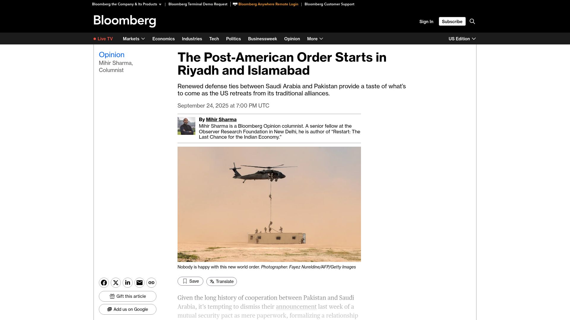 Screenshot of bloomberg.com: The Post-American Order Starts in Riyadh and Islamabad