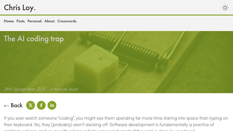Screenshot of chrisloy.dev: The AI coding trap