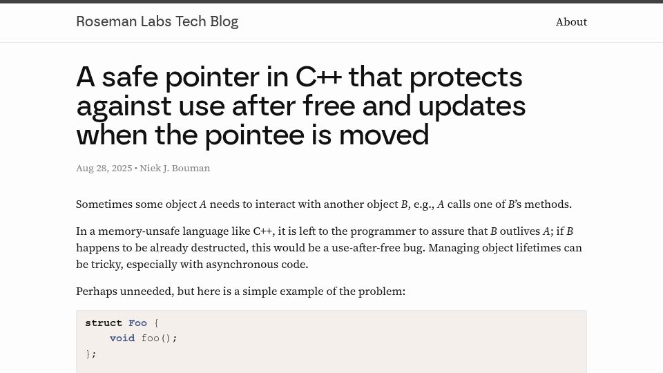 Screenshot of techblog.rosemanlabs.com: A safe, non-owning C++ pointer class