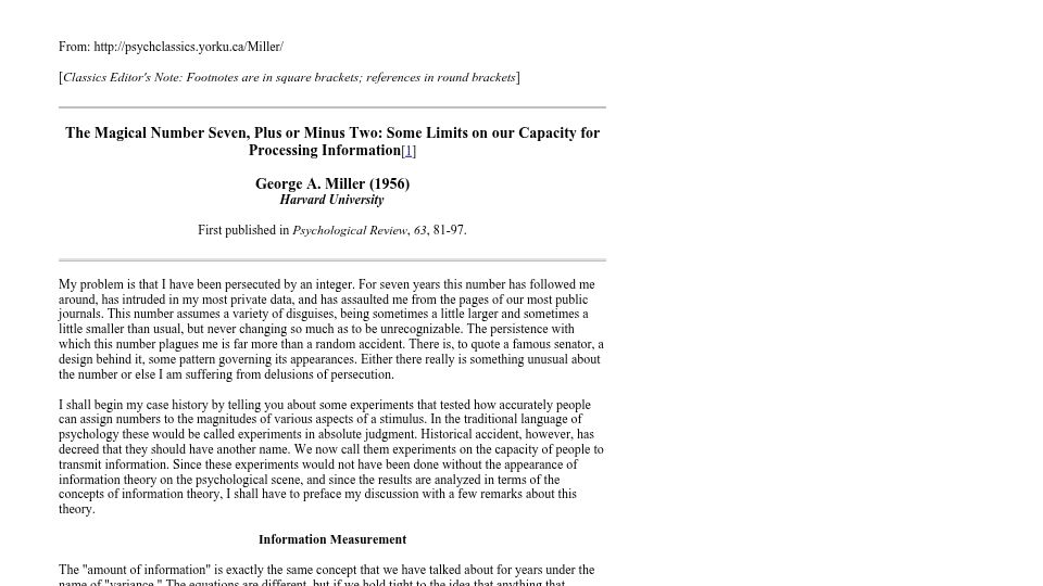 Screenshot of labs.la.utexas.edu: The Magical Number Seven, Plus or Minus Two (1956) [pdf]