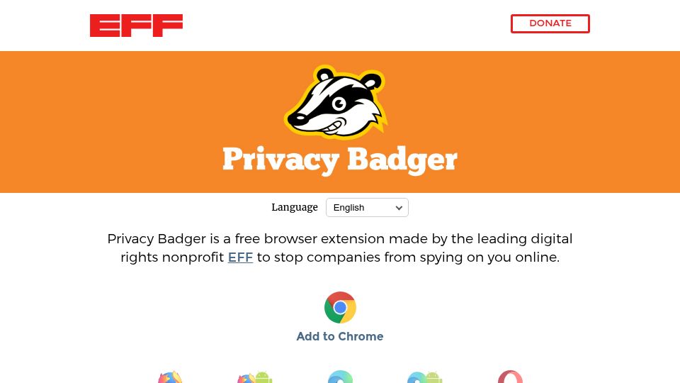 Screenshot of privacybadger.org: Privacy Badger is a free browser extension made by EFF to stop spying