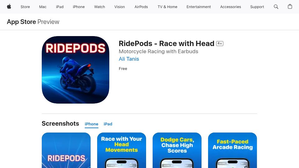 Screenshot of apps.apple.com: I built and launched the first AirPods-Controlled Game