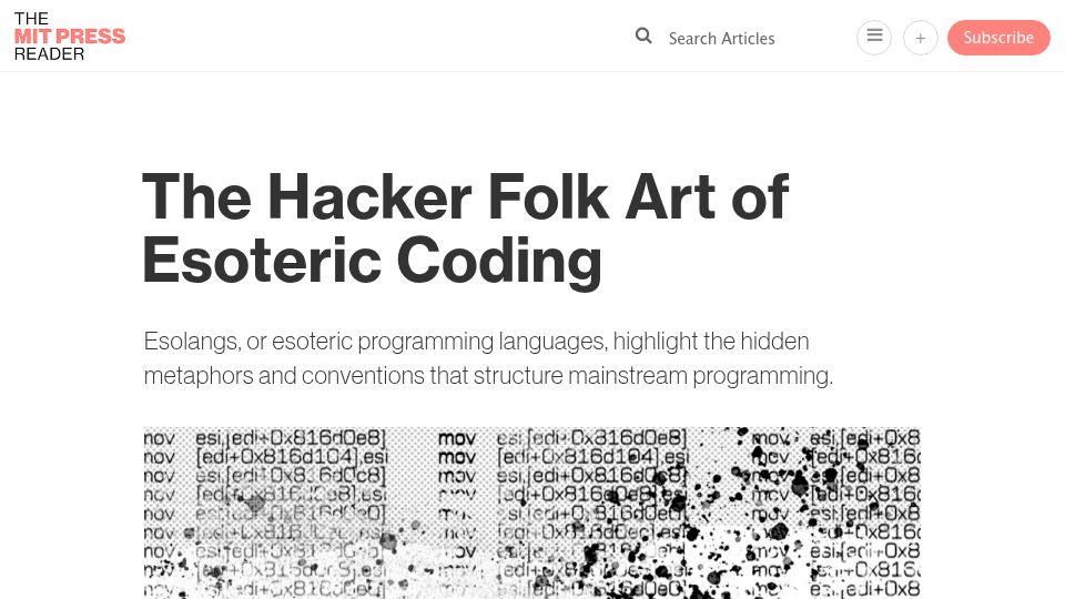 Screenshot of thereader.mitpress.mit.edu: The Hacker Folk Art of Esoteric Coding
