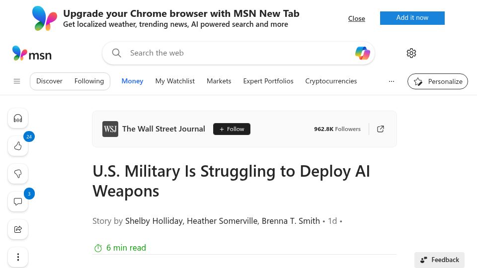Screenshot of msn.com: US Military struggling to deploy AI weapons
