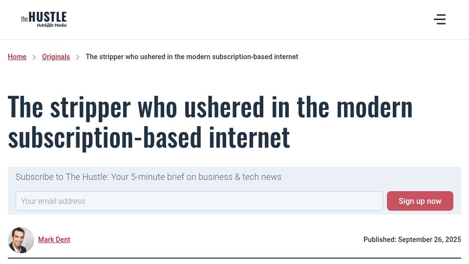 Screenshot of thehustle.co: The stripper who ushered in the subscription-based internet