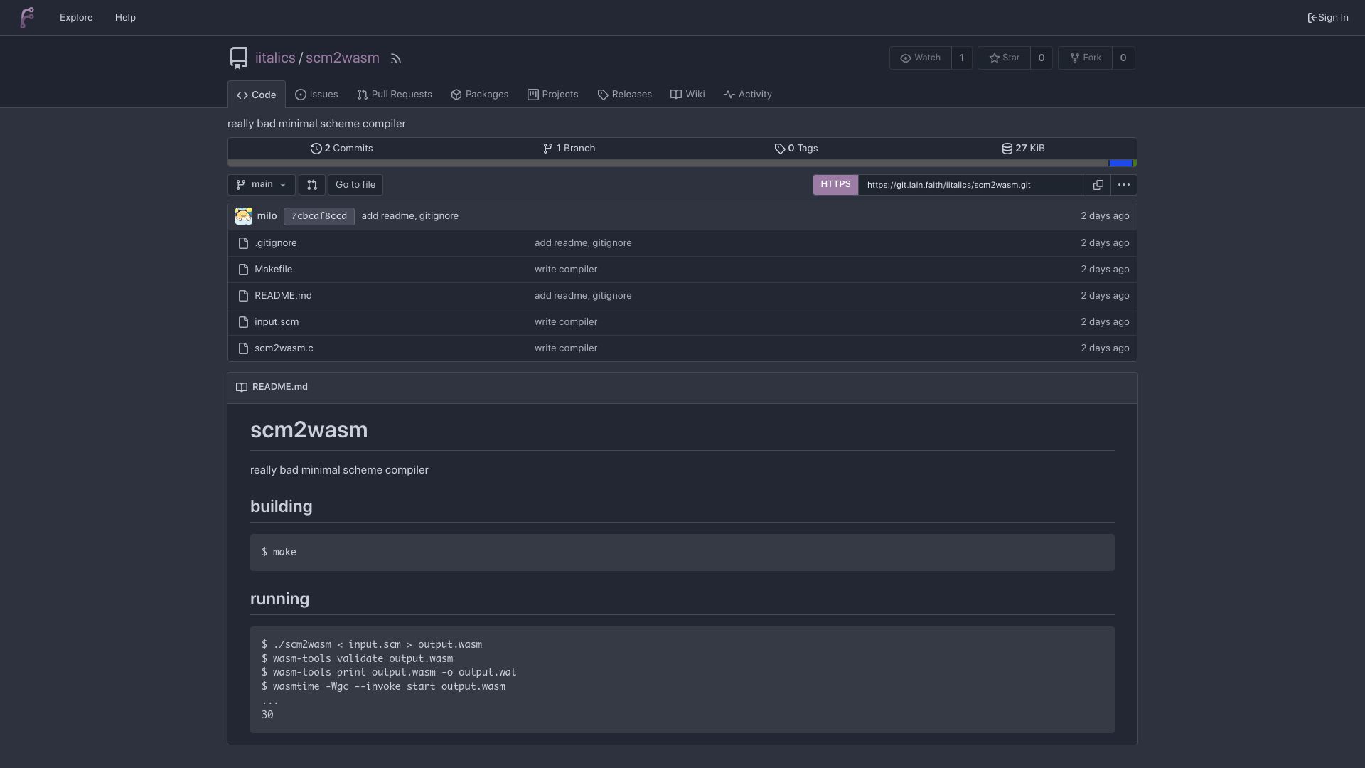 Screenshot of git.lain.faith: Scm2wasm: A Scheme to WASM compiler in 600 lines of C, making use of WASM GC