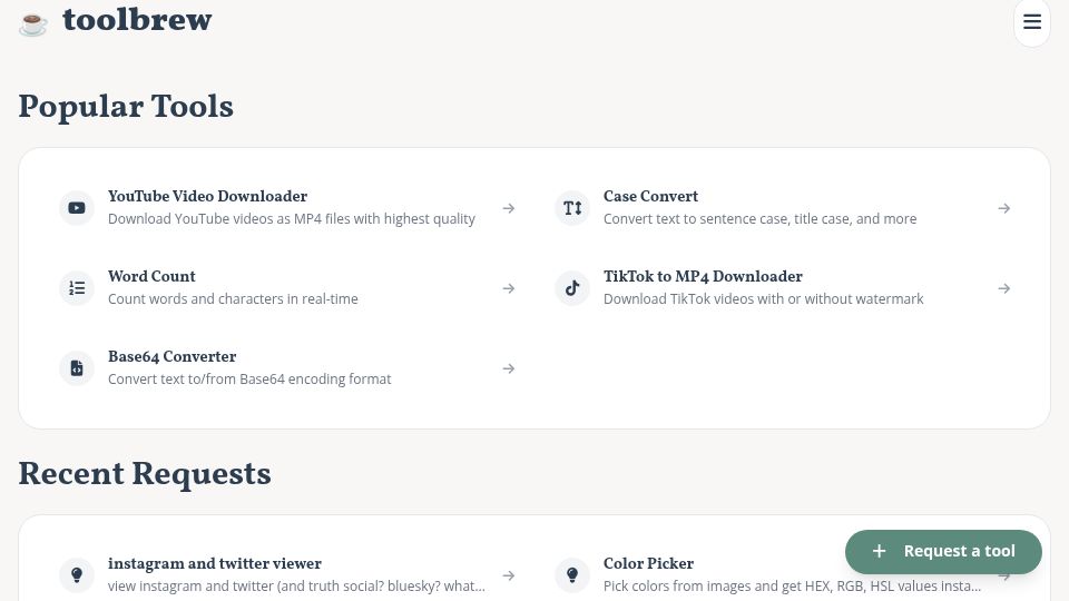 Screenshot of toolbrew.co: Show HN: Toolbrew – Free little tools without signups or ads