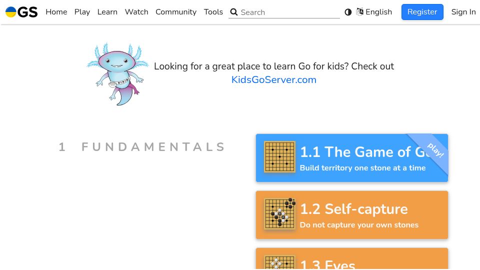 Screenshot of online-go.com: Learn to play Go