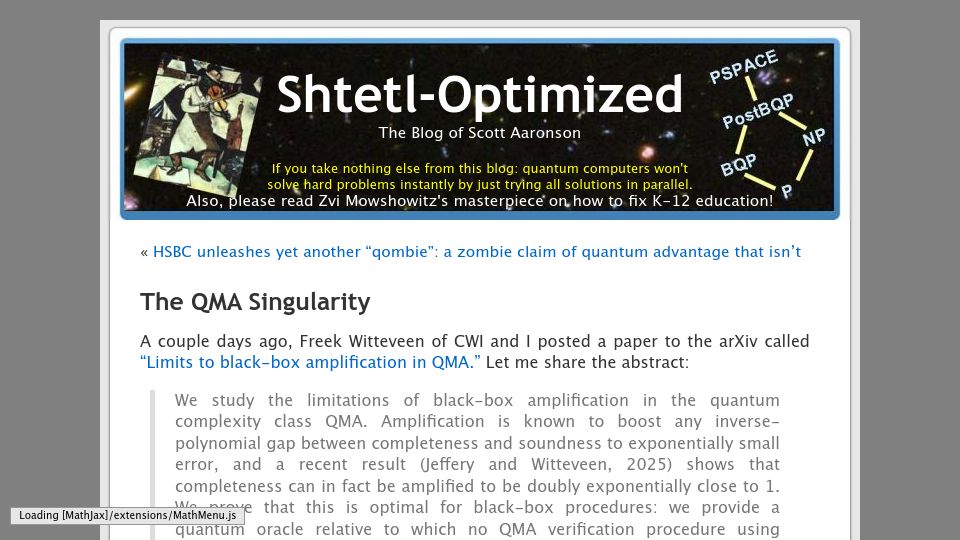 Screenshot of scottaaronson.blog: The QMA Singularity