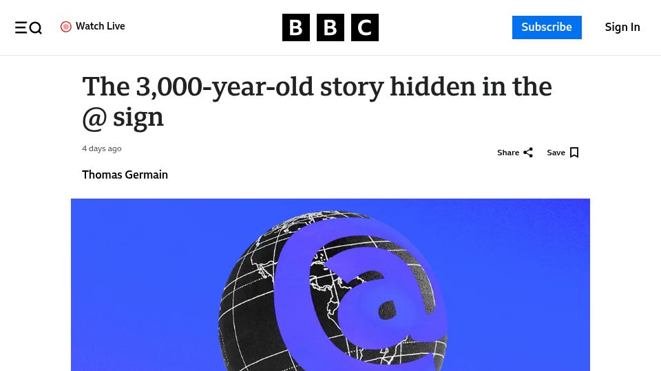 Screenshot of bbc.com: The 3,000-year-old story hidden in the @ sign