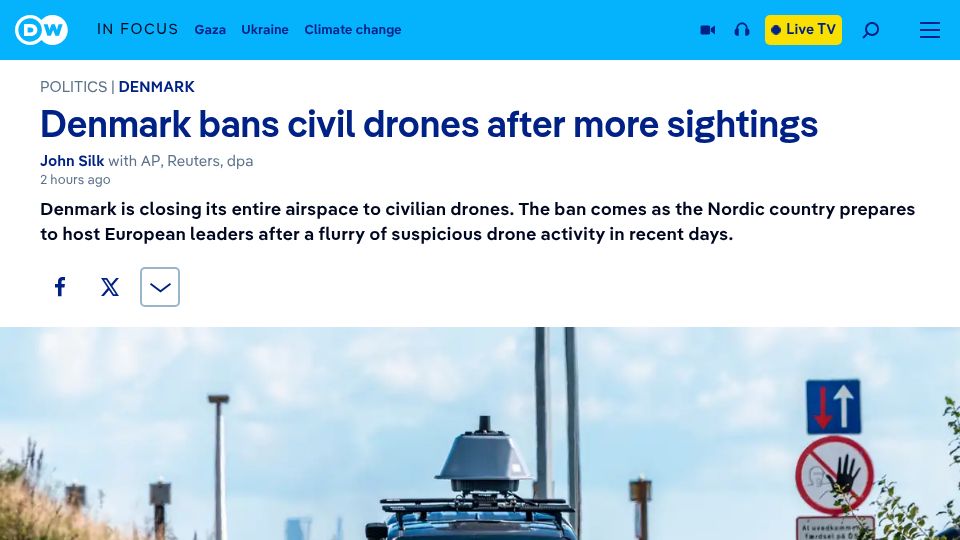 Screenshot of dw.com: Denmark bans civil drones after more sightings