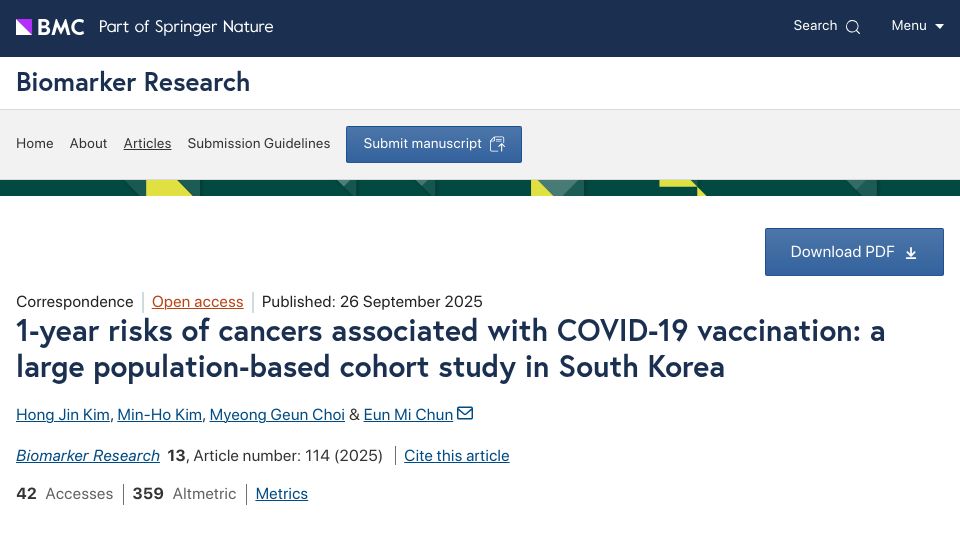 Screenshot of biomarkerres.biomedcentral.com: mRNA vaccines linked to increased risks of various cancers