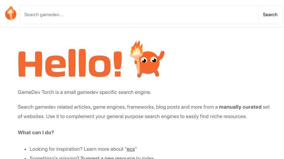 Screenshot of gamedevtorch.com: Show HN: Curated gamedev specific search engine