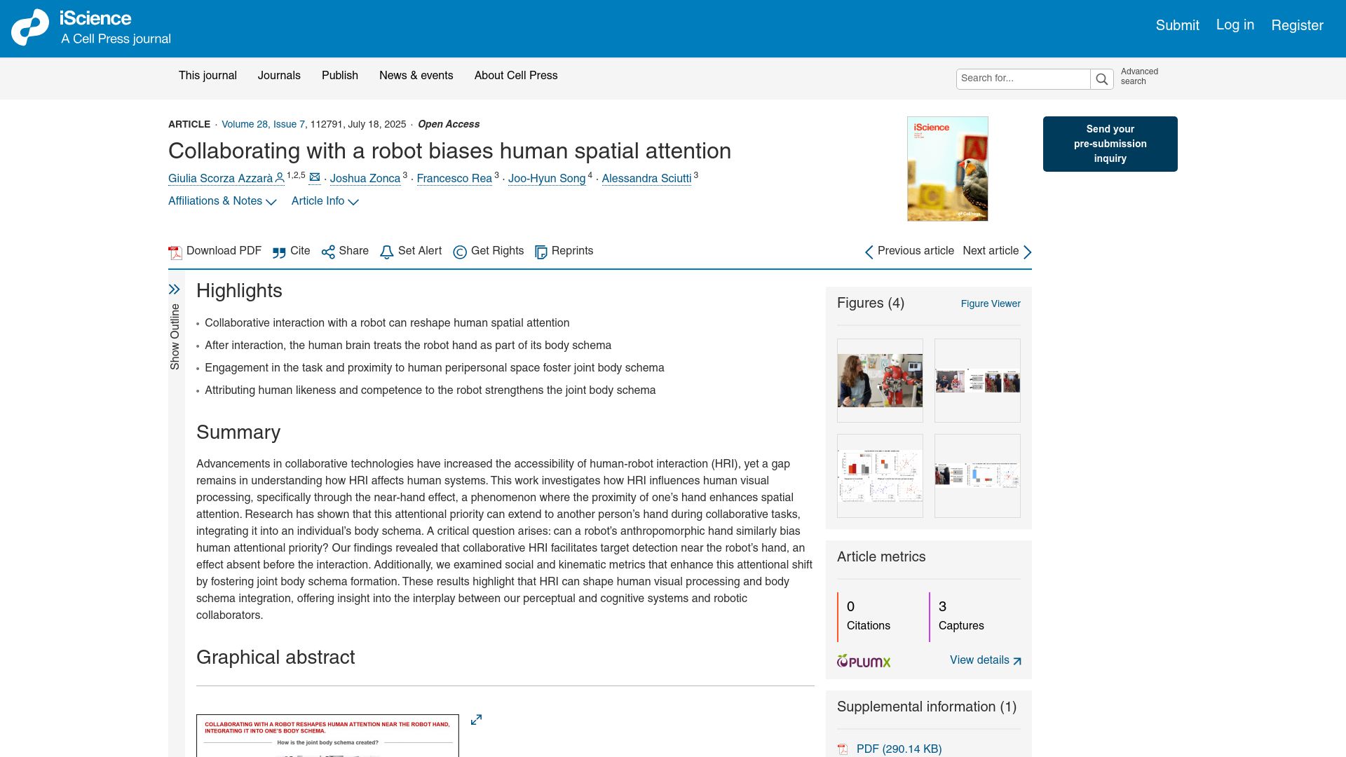 Screenshot of cell.com: Collaborating with a robot biases human spatial attention