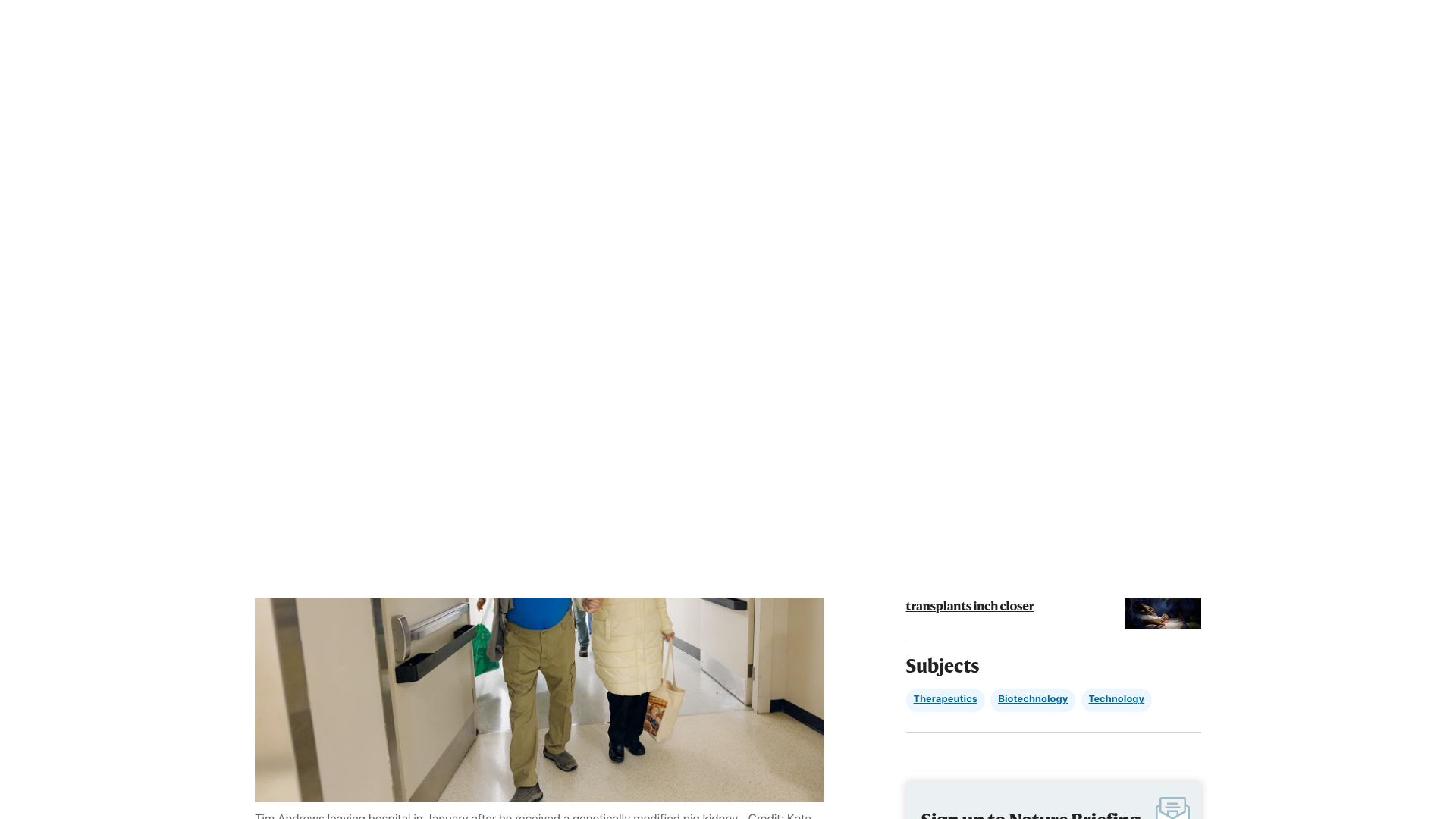 Screenshot of nature.com: Man still alive six months after pig kidney transplant