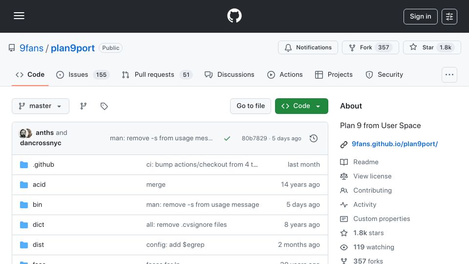 Screenshot of github.com: Plan 9 from User Space