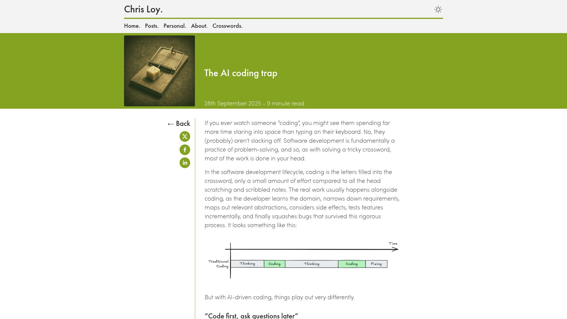 Screenshot of chrisloy.dev: The AI coding trap