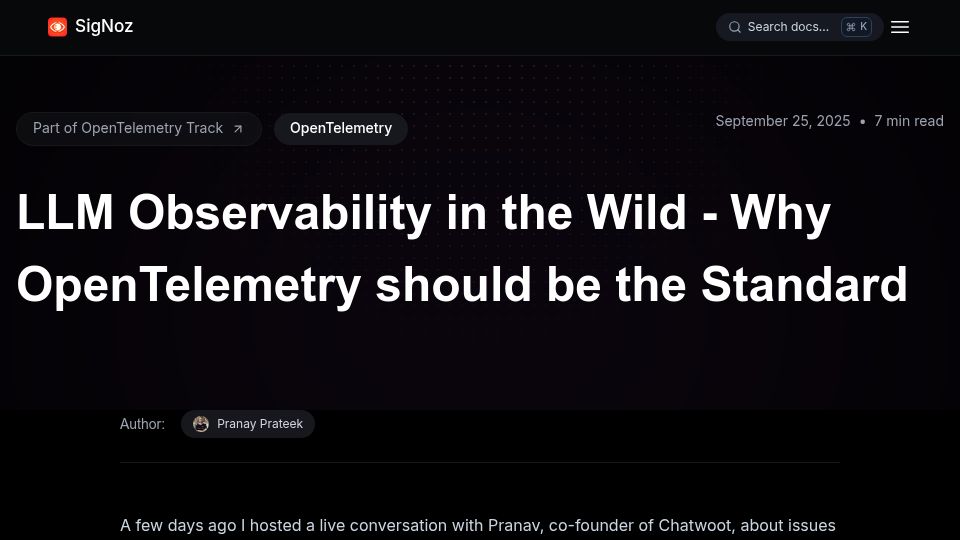 Screenshot of signoz.io: LLM Observability in the Wild – Why OpenTelemetry Should Be the Standard