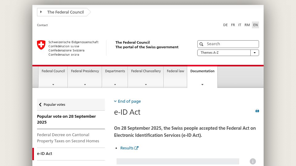 Screenshot of admin.ch: Swiss voters back e-ID legislation