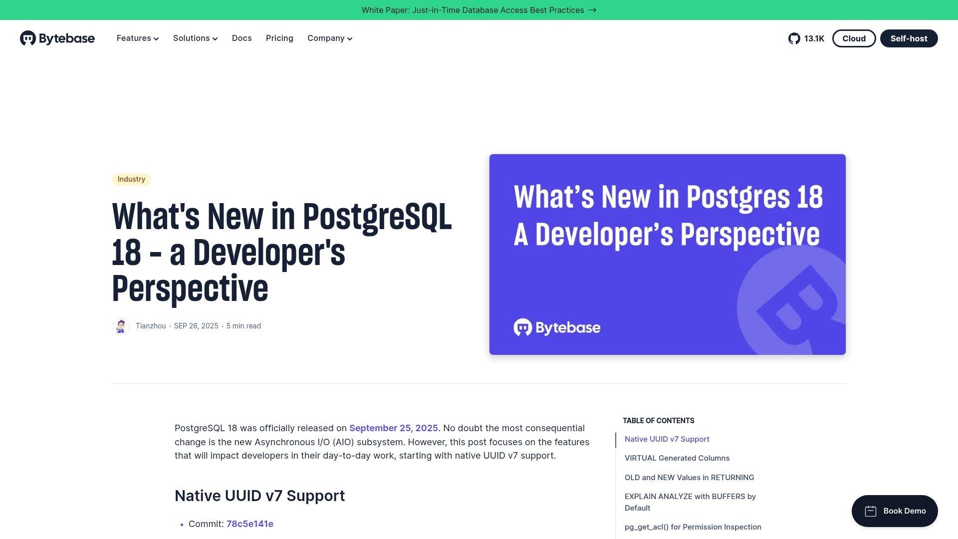 Screenshot of bytebase.com: What’s New in PostgreSQL 18 – a Developer’s Perspective