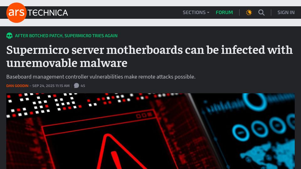 Screenshot of arstechnica.com: Supermicro server motherboards can be infected with unremovable malware