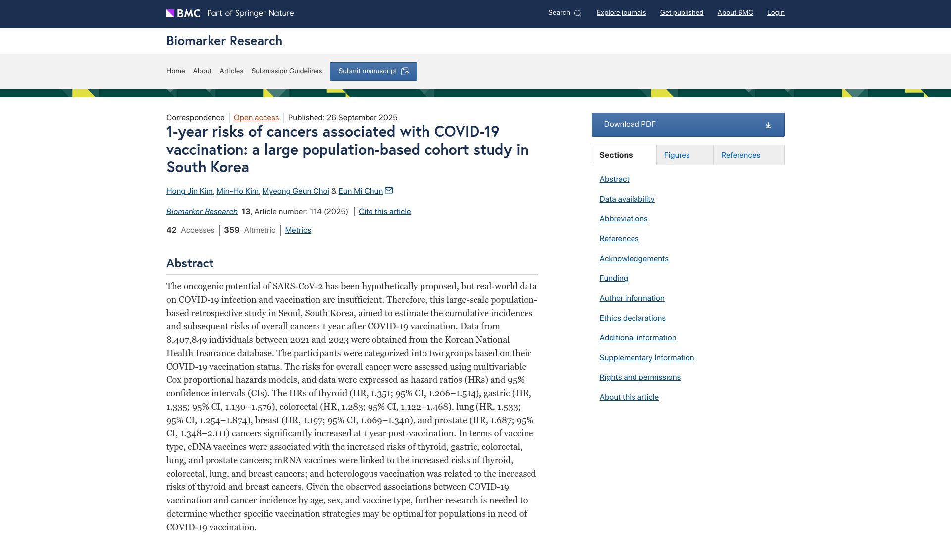 Screenshot of biomarkerres.biomedcentral.com: mRNA vaccines linked to increased risks of various cancers