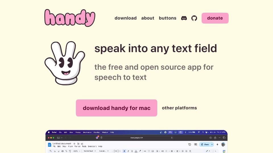 Screenshot of handy.computer: Handy – Free open-source speech-to-text app written in Rust