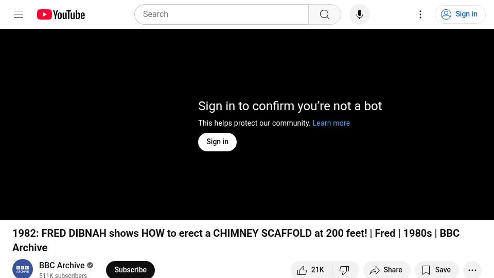 Screenshot of youtube.com: Fred Dibnah shows how to erect a chimney scaffold at 200 feet (1982) [video]