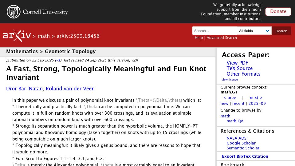 Screenshot of arxiv.org: A fast, strong, topologically meaningful and fun knot invariant