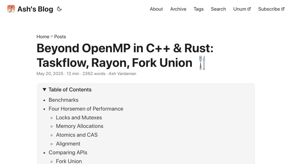 Screenshot of ashvardanian.com: Beyond OpenMP in C++ and Rust: Taskflow, Rayon, Fork Union