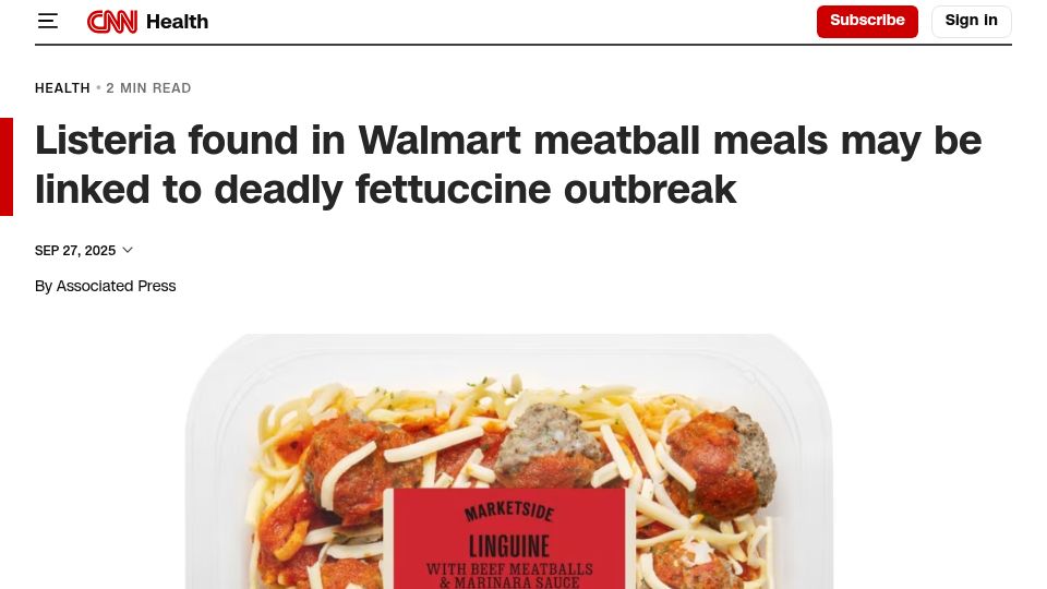 Screenshot of cnn.com: Listeria found Walmart meatball meals may be linked deadly fettuccine outbreak