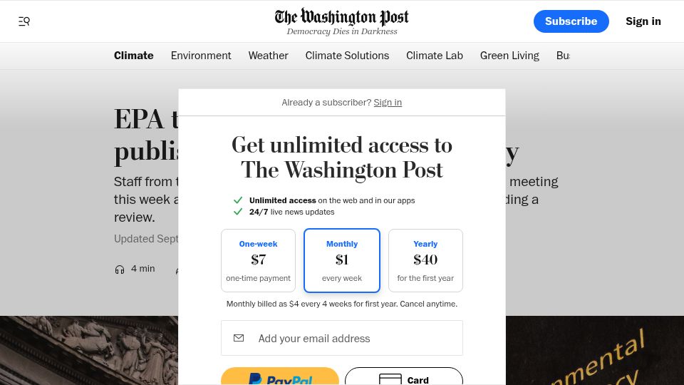 Screenshot of washingtonpost.com: EPA tells some scientists to stop publishing studies