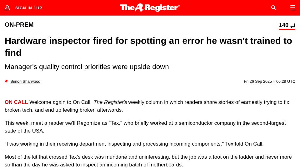 Screenshot of theregister.com: Hardware inspector fired for spotting an error he wasn't trained to find