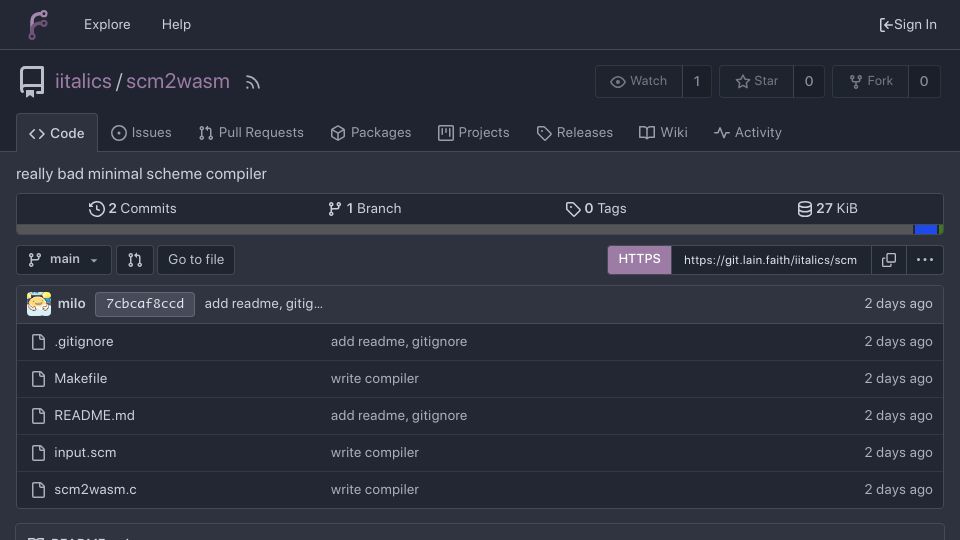 Screenshot of git.lain.faith: Scm2wasm: A Scheme to WASM compiler in 600 lines of C, making use of WASM GC