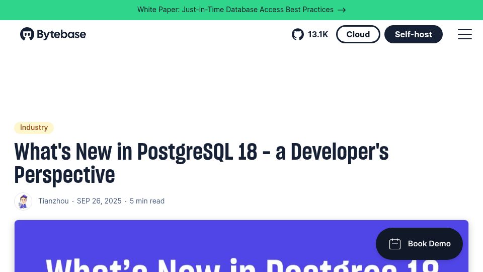 Screenshot of bytebase.com: What’s New in PostgreSQL 18 – a Developer’s Perspective