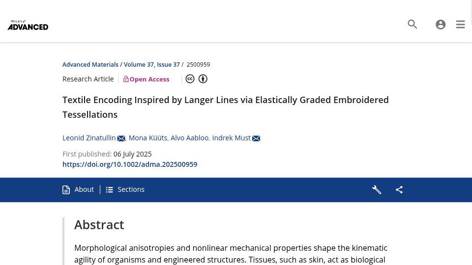 Screenshot of advanced.onlinelibrary.wiley.com: Textile Encoding via Elastically Graded Embroidered Tessellations