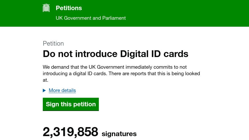 Screenshot of petition.parliament.uk: UK Petition: Do not introduce Digital ID cards
