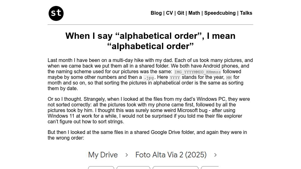 Screenshot of sebastiano.tronto.net: When I say “alphabetical order”, I mean “alphabetical order”