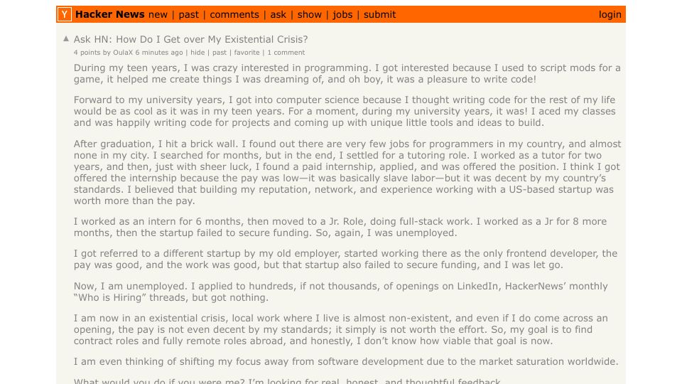 Screenshot of Hacker News post: Ask HN: How Do I Get over My Existential Crisis?