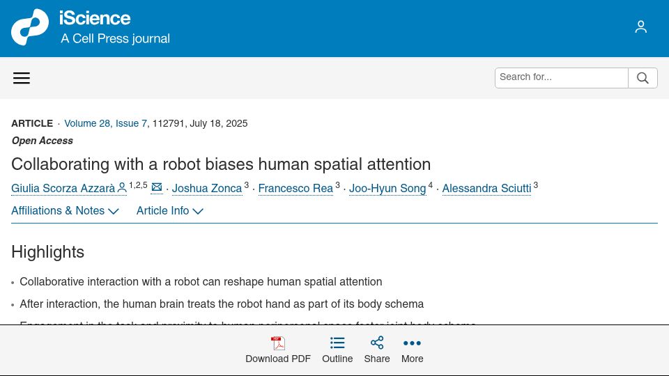 Screenshot of cell.com: Collaborating with a robot biases human spatial attention